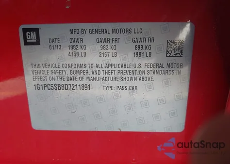 2013 Chevrolet Cruze 1Lt Auto из США, поврежденный, VIN 1G1PC5SB8D7211891